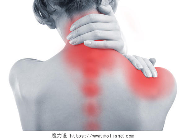 白色背景上颈部肩部疼痛的年轻女子肩颈疼痛